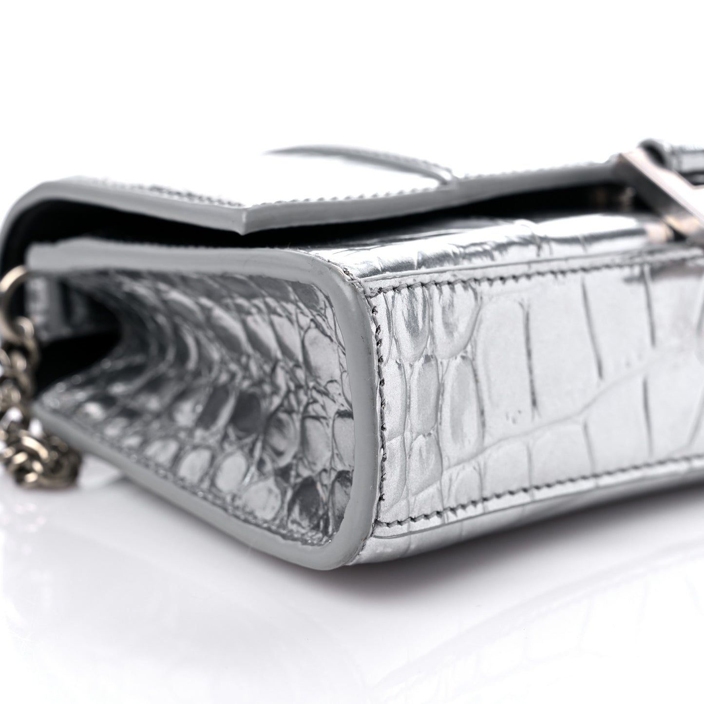 Metallic Calfskin Crocodile Embossed Hourglass Chain Bag Silver