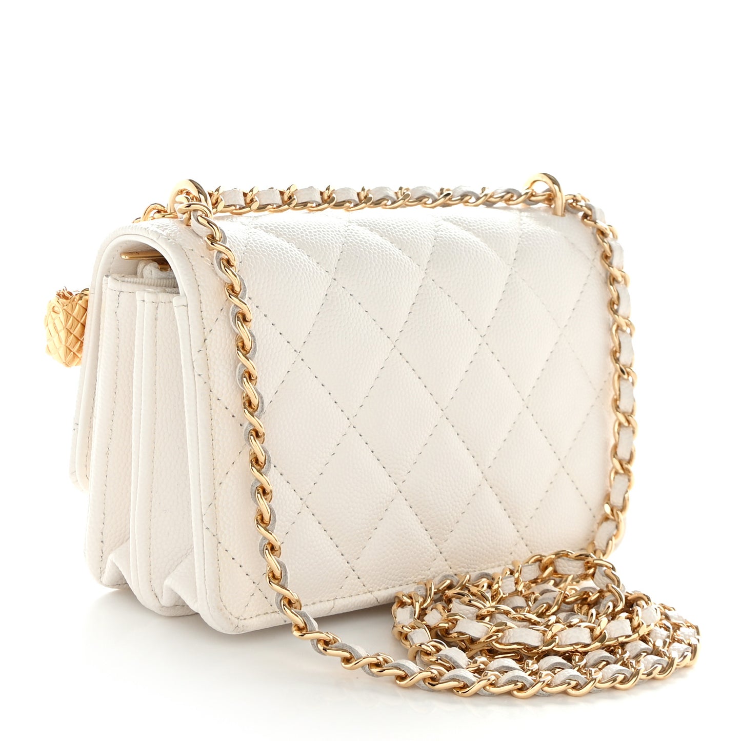 Shiny Caviar Quilted Flap Charm Small Wallet On Chain WOC White