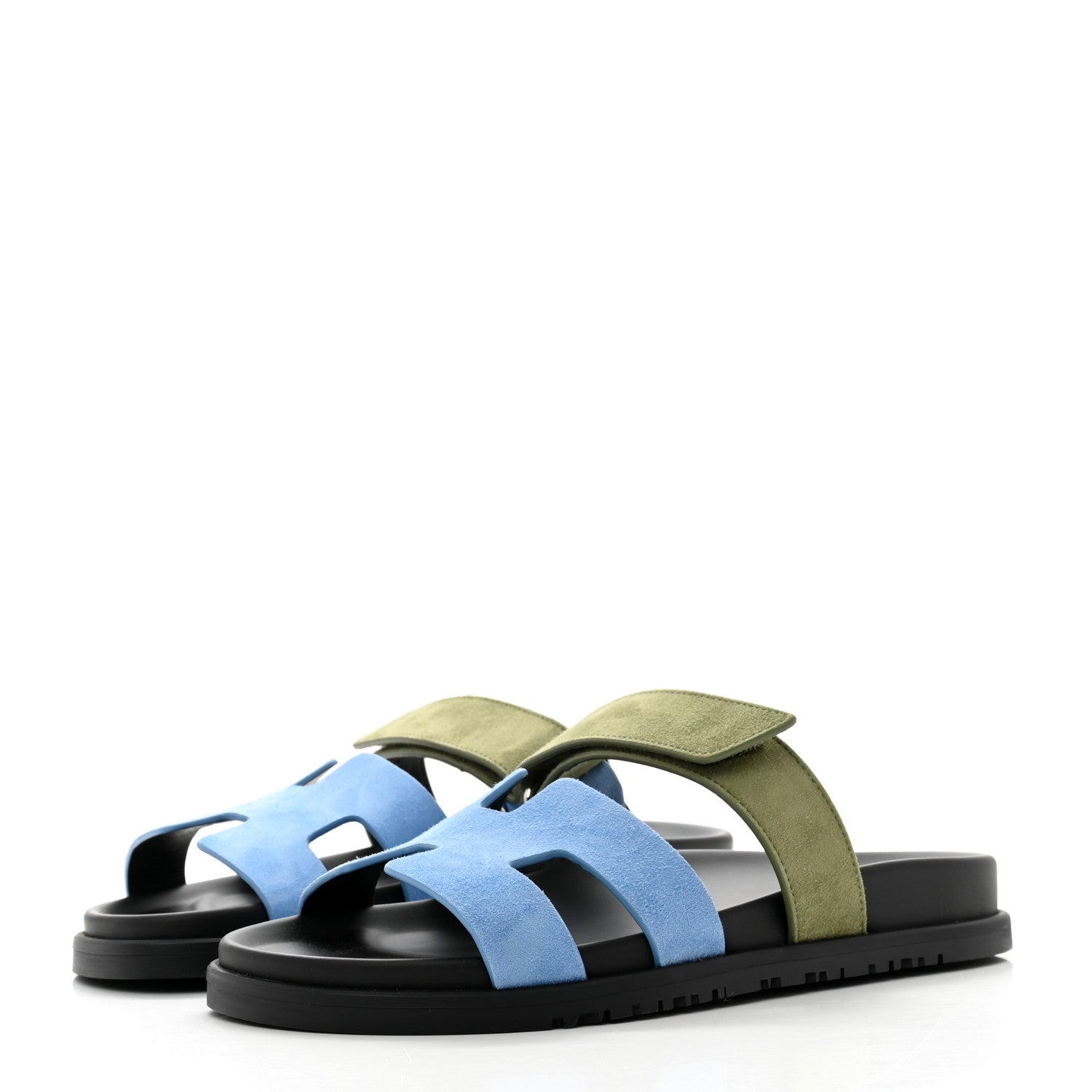 Hermes Suede Goatskin Womens Chypre Sandals 38 Bleu Cameo Vert 3 of 9