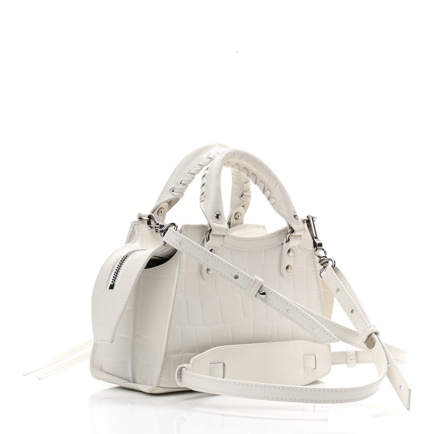 Balenciaga Semi Shiny Calfskin Crocodile Embossed Neo Classic Silver Hardware Mini City White 3 of 9