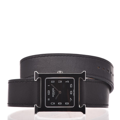 Hermes Stainless Steel Barenia Lacquer 26mm Heure H Hour Double Tour Quartz Watch Noir 9 of 13