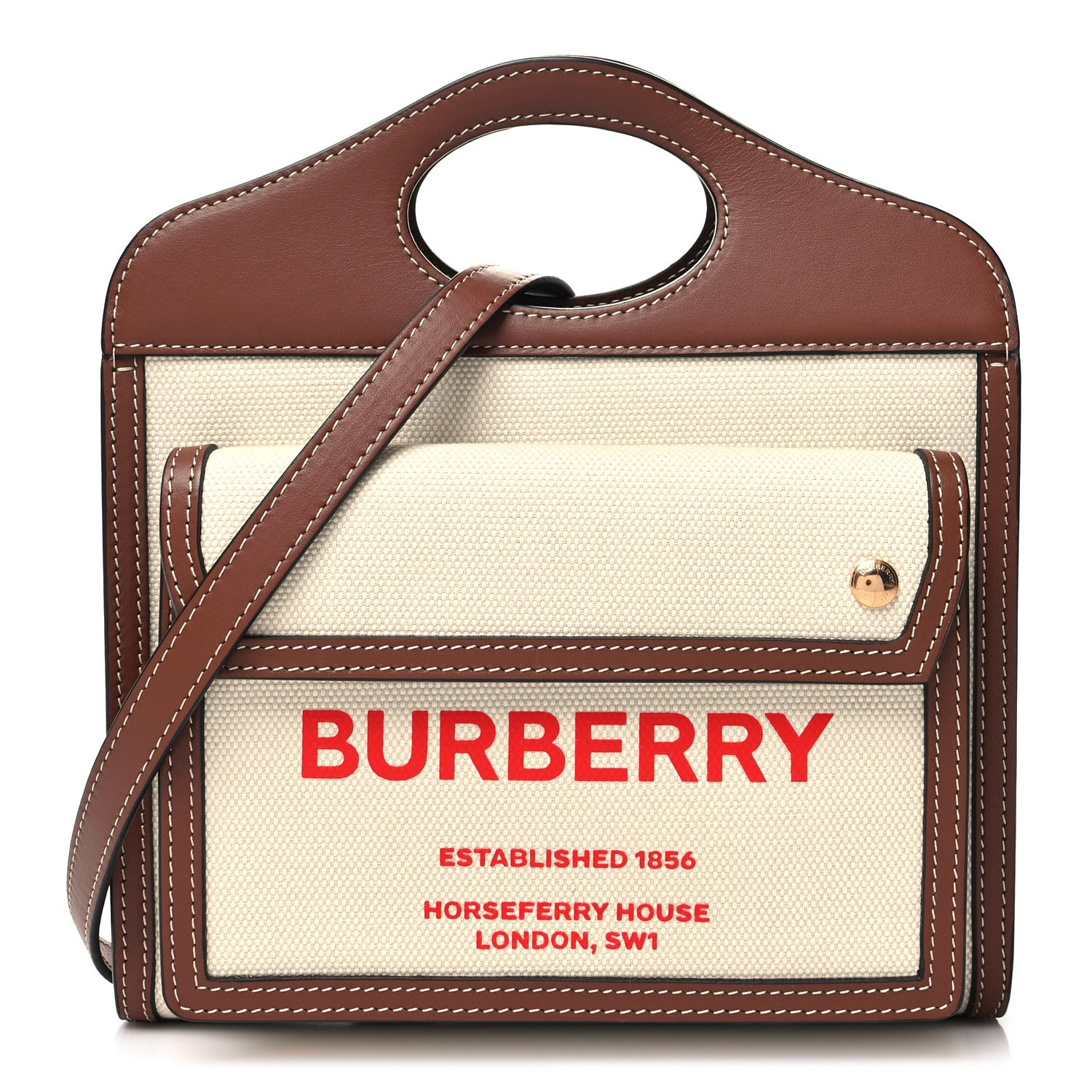Burberry Canvas Smooth Calfskin Two Tone Mini Pocket Bag Natural Tan Fiery Red 1 of 9