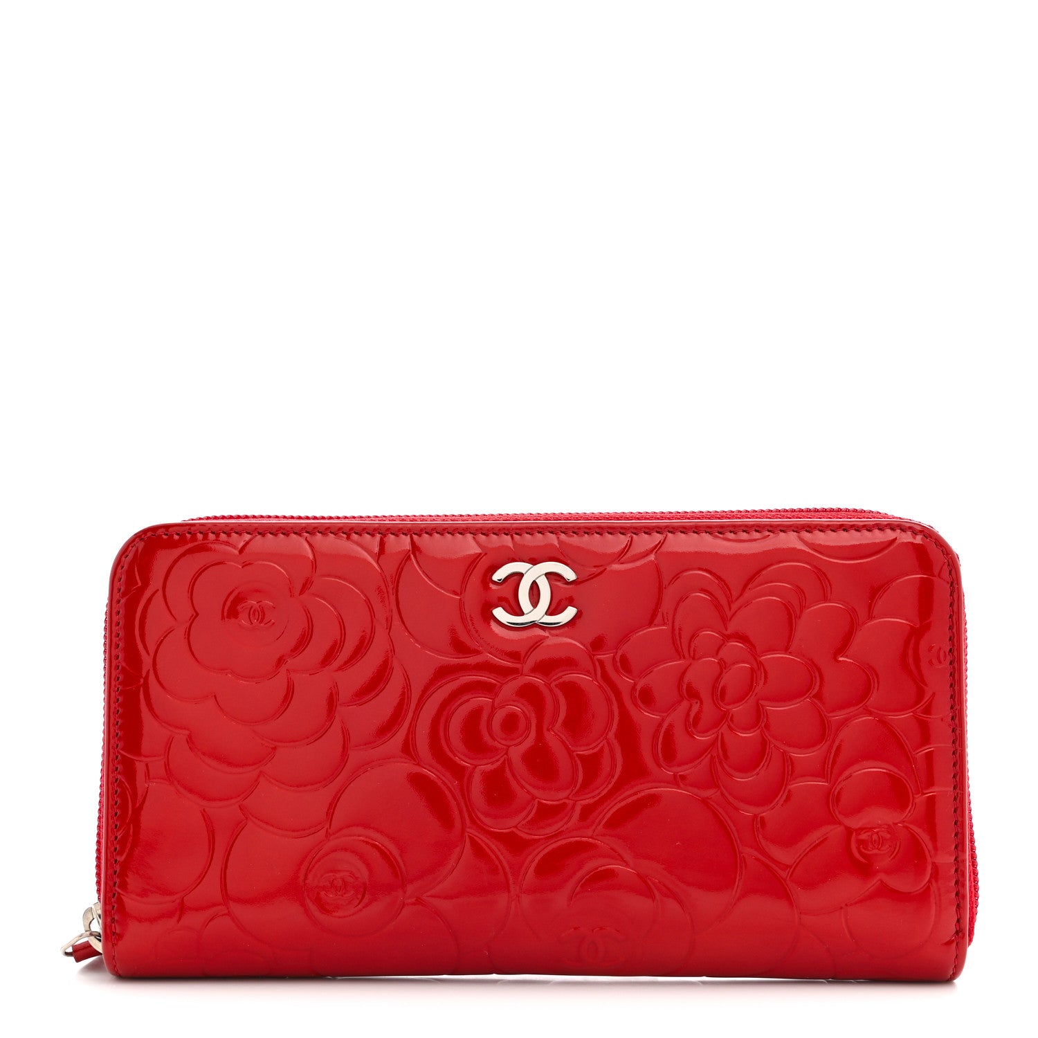 Chanel Patent Camellia Embossed Large Gusset Zip Around Wallet Red
