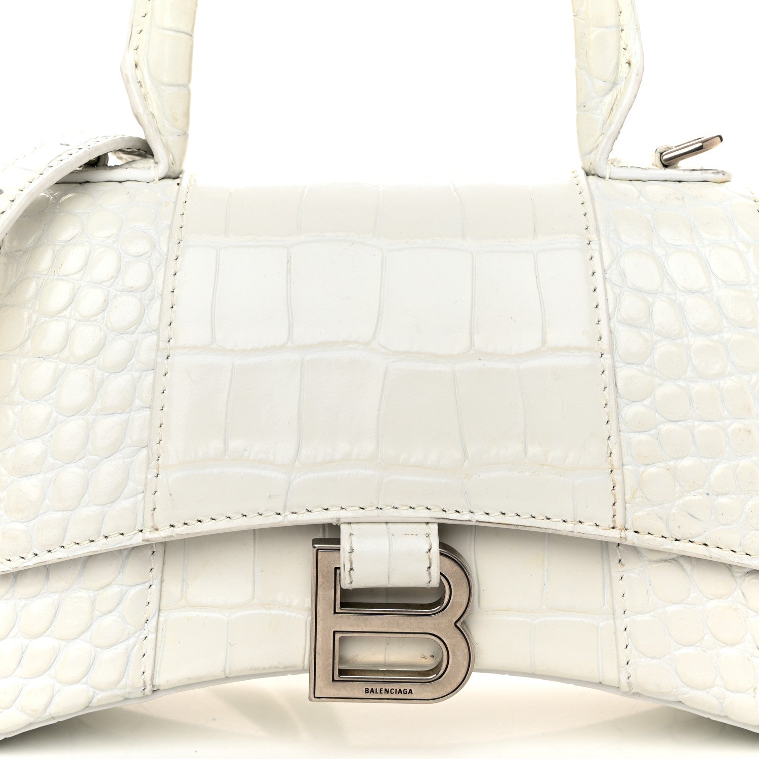 Balenciaga Shiny Calfskin Crocodile Embossed Hourglass Top Handle Bag XS White 7 of 11