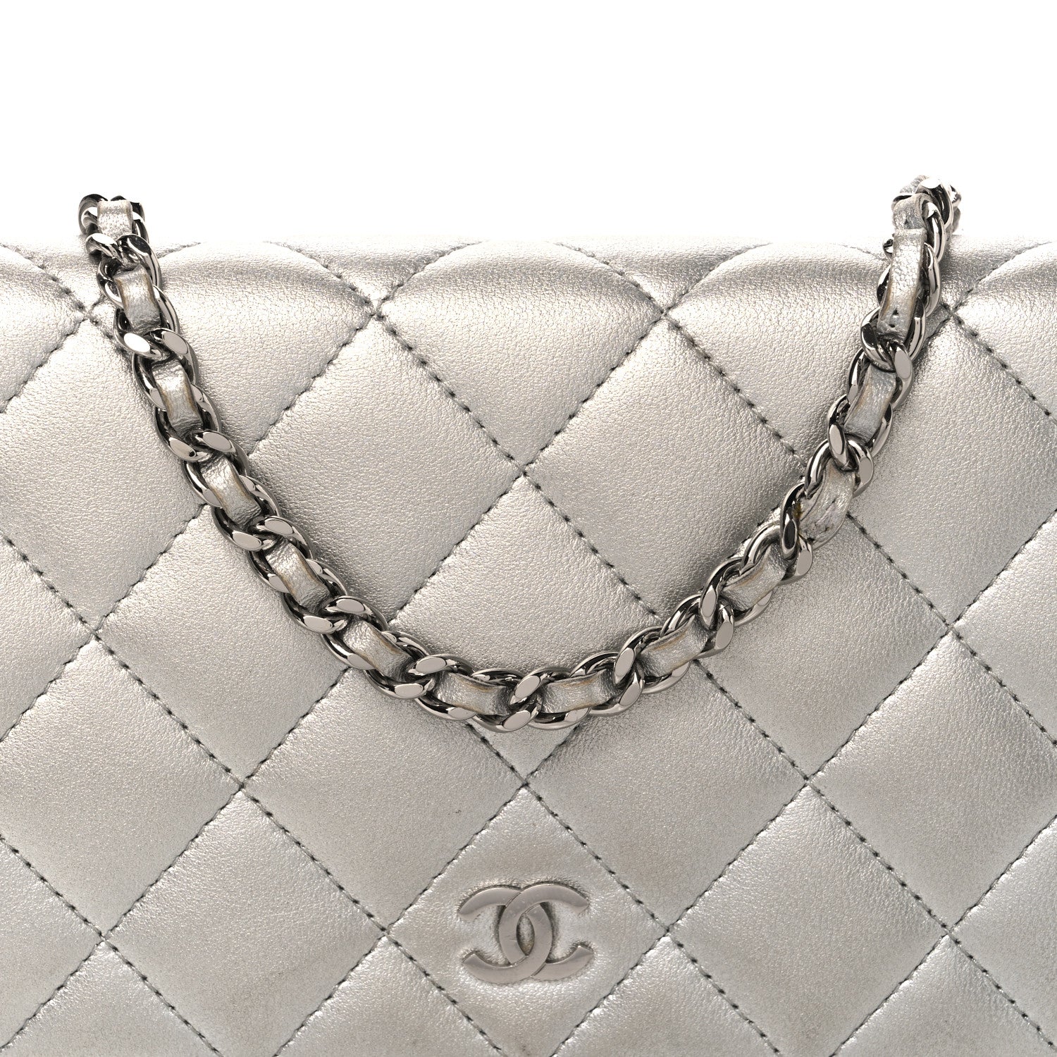 Chanel Metallic Lambskin Quilted Wallet On Chain WOC Silver 8 of 12