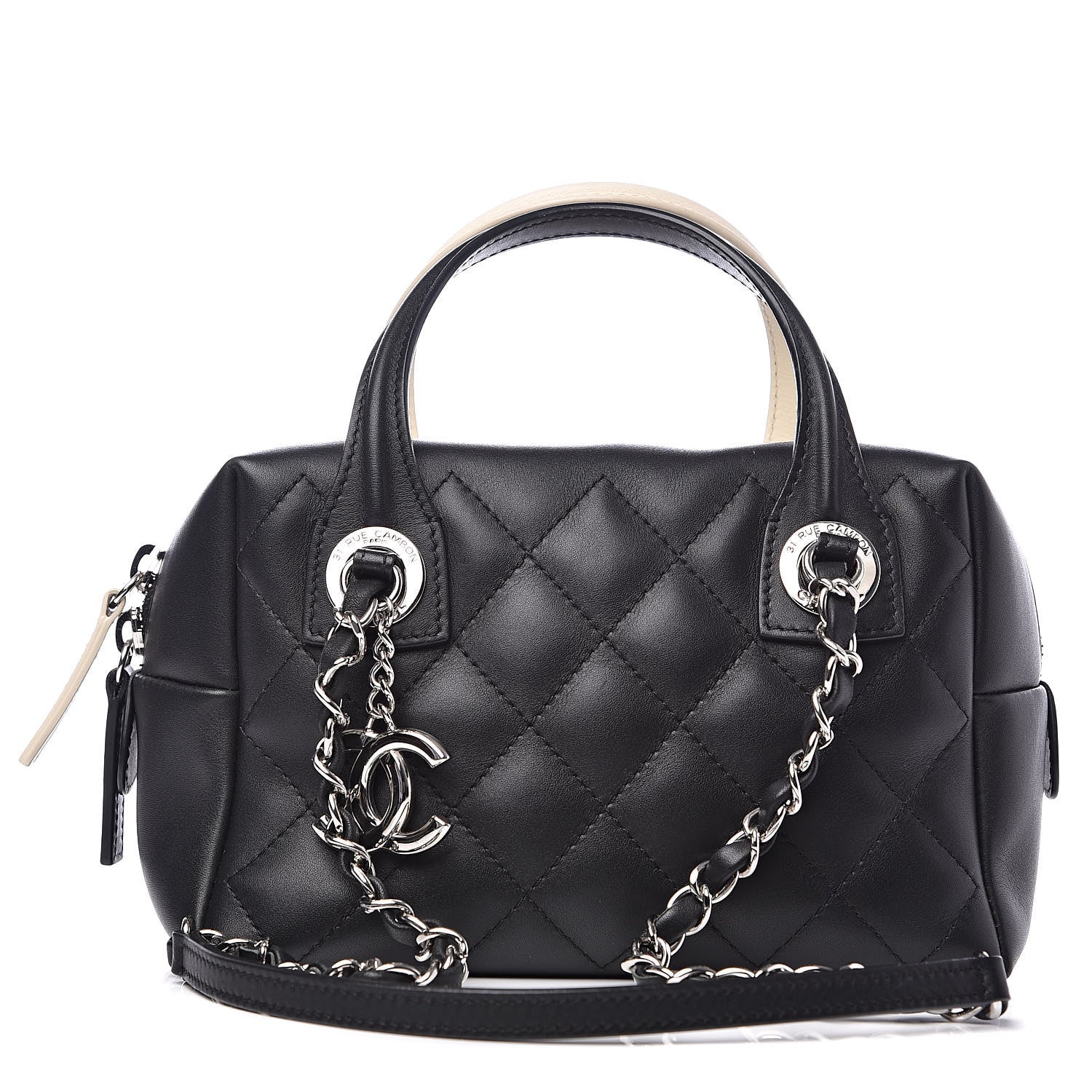Chanel Calfskin Quilted Feather Weight Bowling Bag Black Ivory 1 of 13