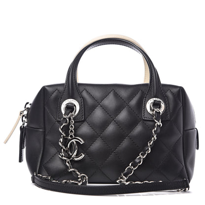 Chanel Calfskin Quilted Feather Weight Bowling Bag Black Ivory 1 of 13