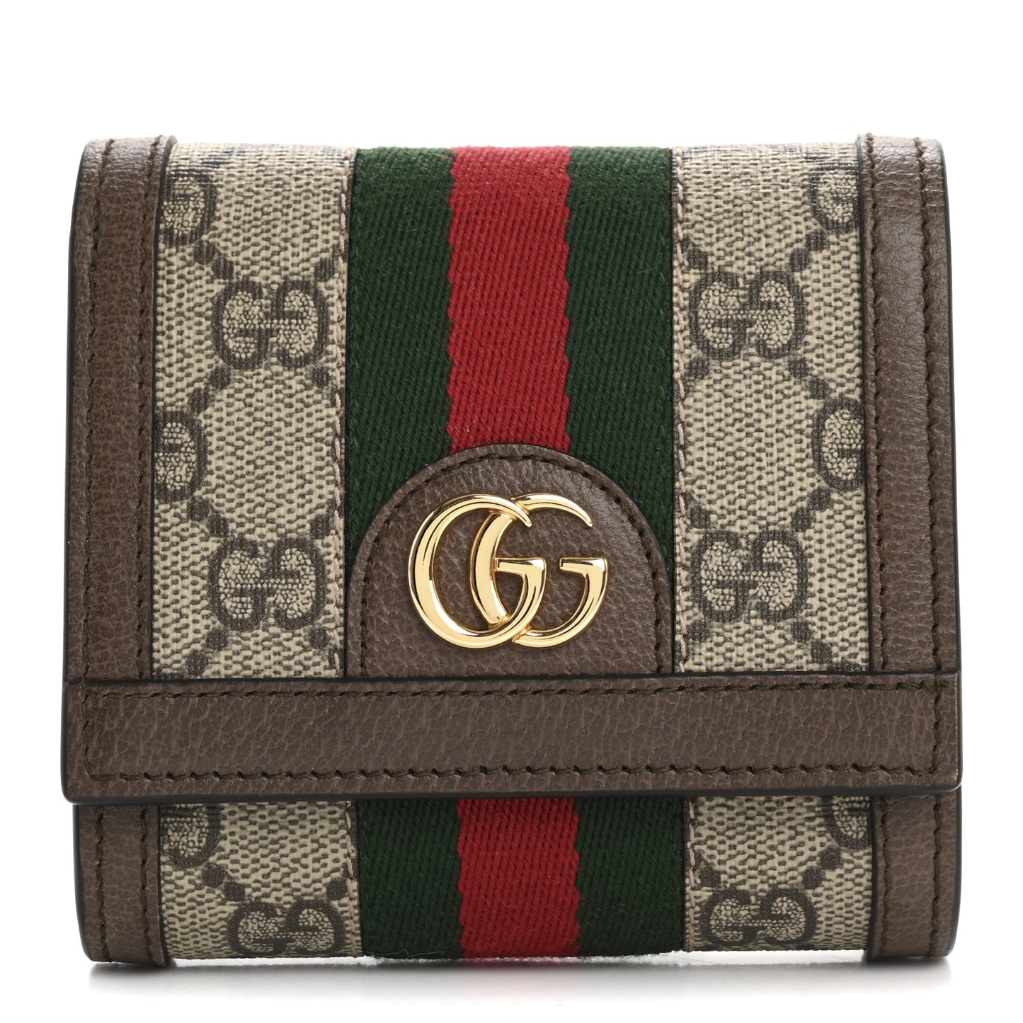 GG Supreme Monogram Textured Calfskin Web Ophidia Card Case Wallet Beige Ebony New Acero