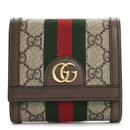 Gucci GG Supreme Monogram Textured Calfskin Web Ophidia Card Case Wallet Beige Ebony New Acero 1 of 7