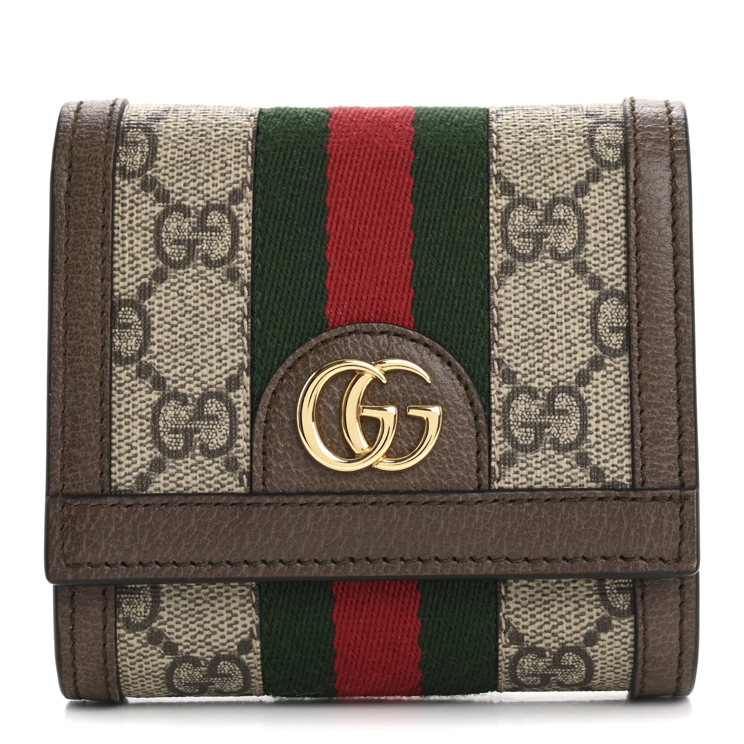 Gucci GG Supreme Monogram Textured Calfskin Web Ophidia Card Case Wallet Beige Ebony New Acero 1 of 7