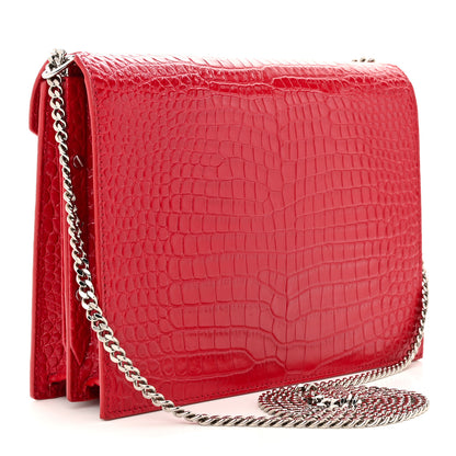 Saint Laurent Calfskin Crocodile Embossed Monogram Cassandra Clasp Bag Red 3 of 12