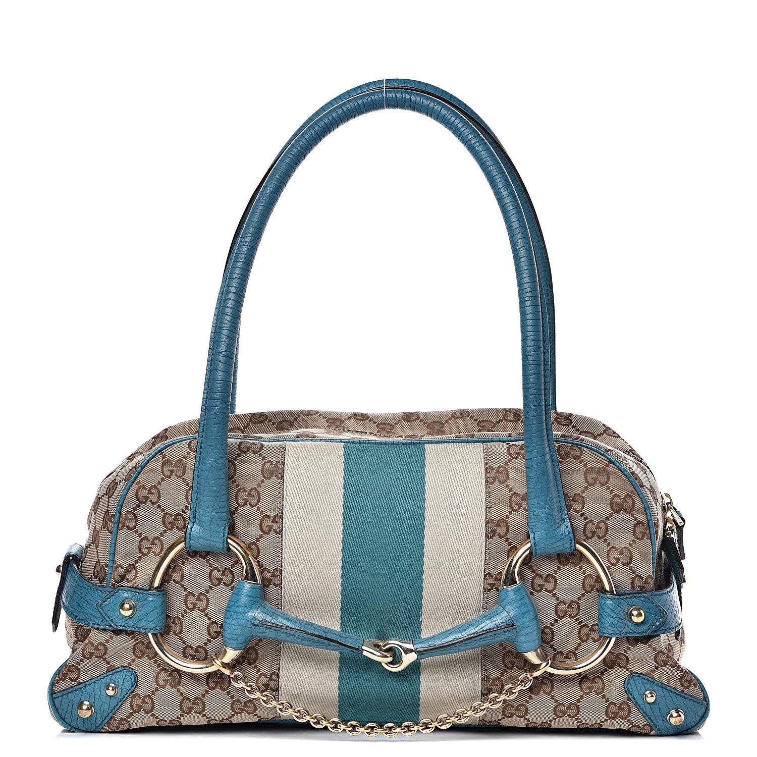 Gucci Monogram Horsebit Chain Satchel Blue 1 of 14
