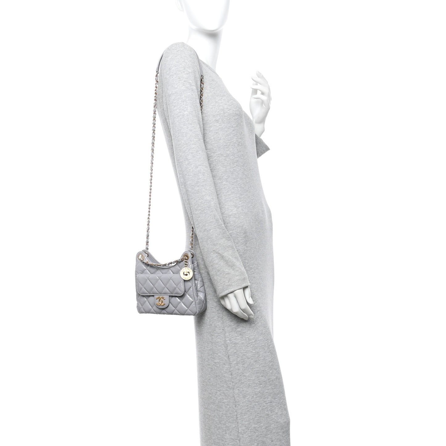 Shiny Crumpled Calfskin Quilted Small Wavy CC Hobo Grey