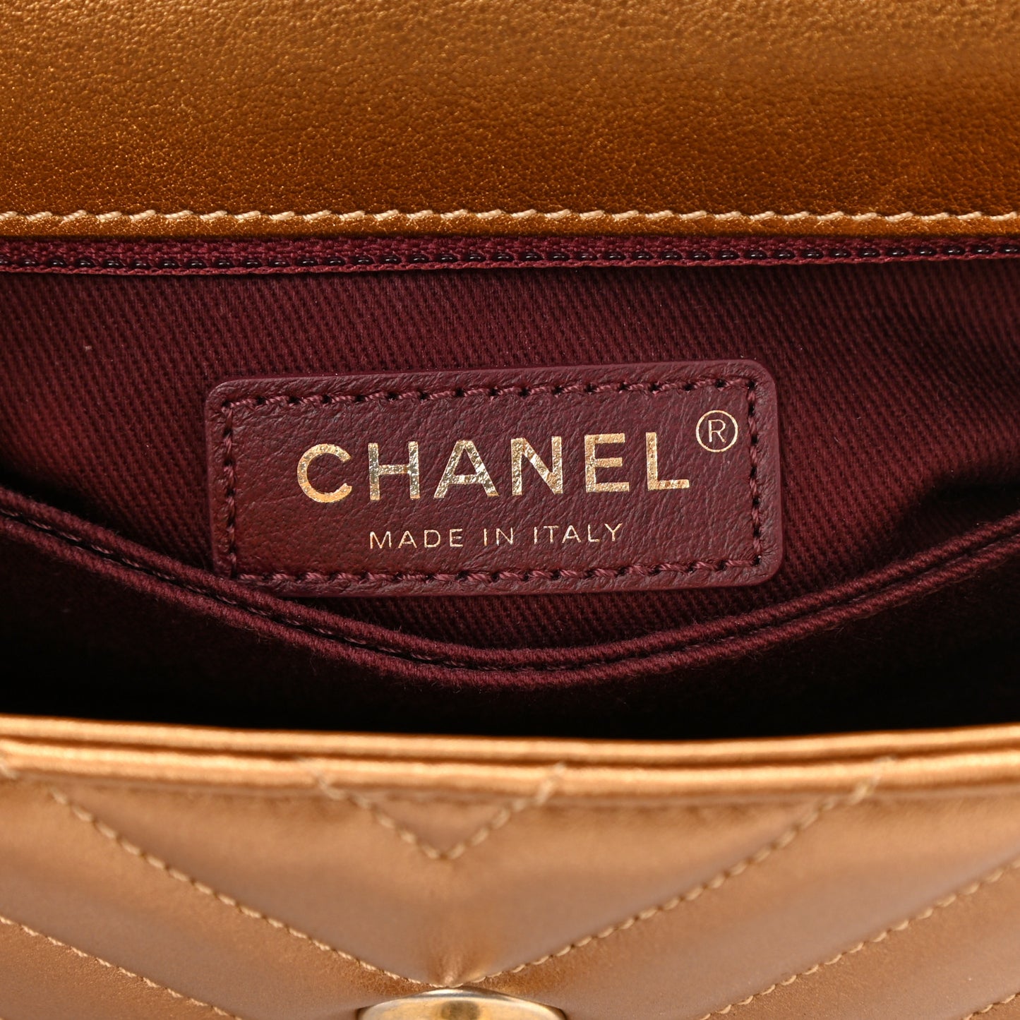 Metallic Calfskin Chevron Quilted Mini Coco Handle Flap Gold