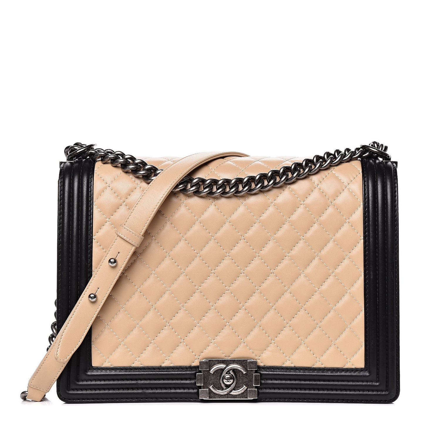 Lambskin Quilted Large Boy Flap Beige Black