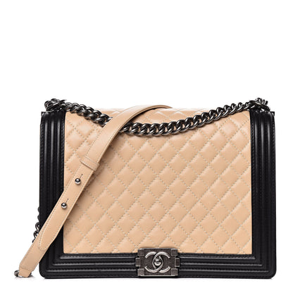 Chanel Lambskin Quilted Large Boy Flap Beige Black 1 of 14