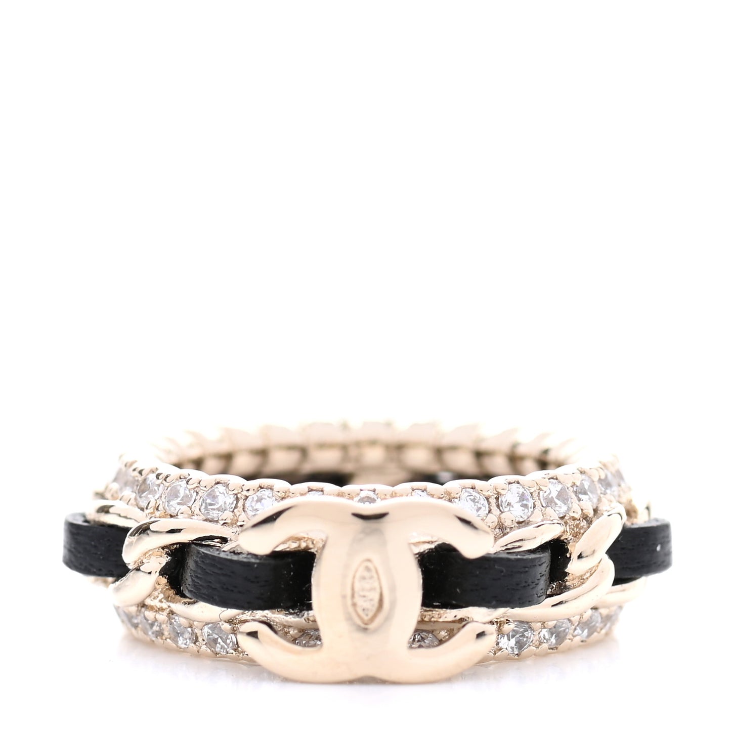 Metal Crystal Lambskin CC Ring 50 Gold Black