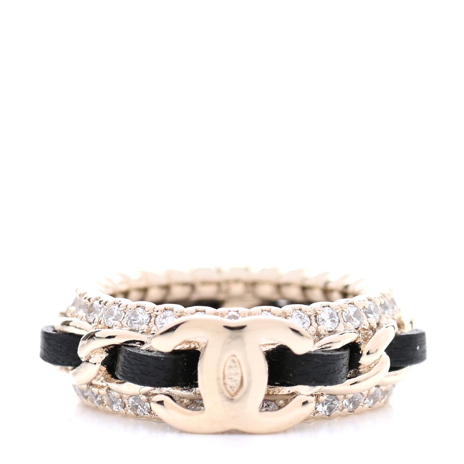 Chanel Metal Crystal Lambskin CC Ring 50 Gold Black 2 of 9