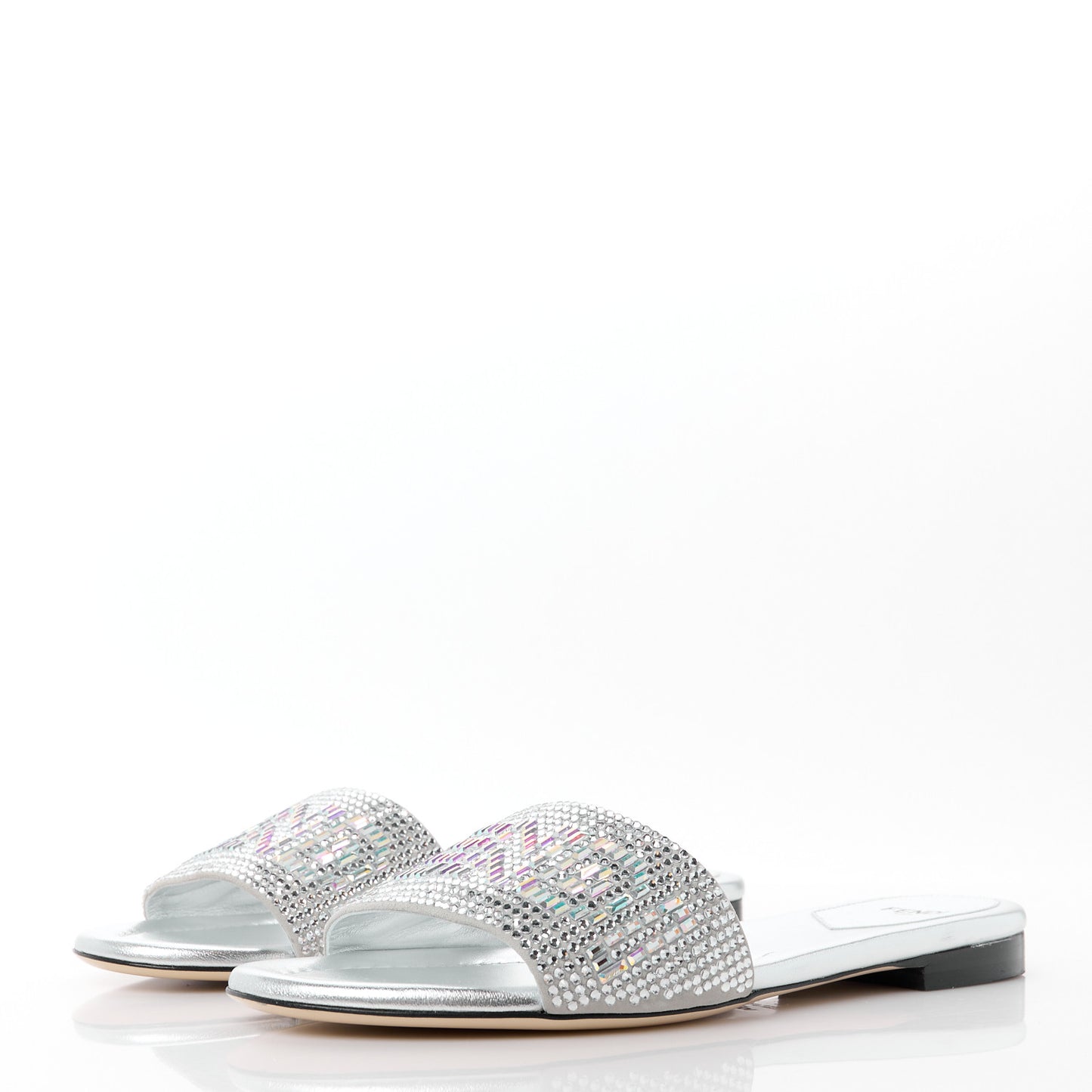Laminated Goatskin Baguette Crystal Embroidered Signature Flat Slide Sandals 39 Silver