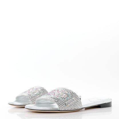 Fendi Laminated Goatskin Baguette Crystal Embroidered Signature Flat Slide Sandals 39 Silver 3 of 8