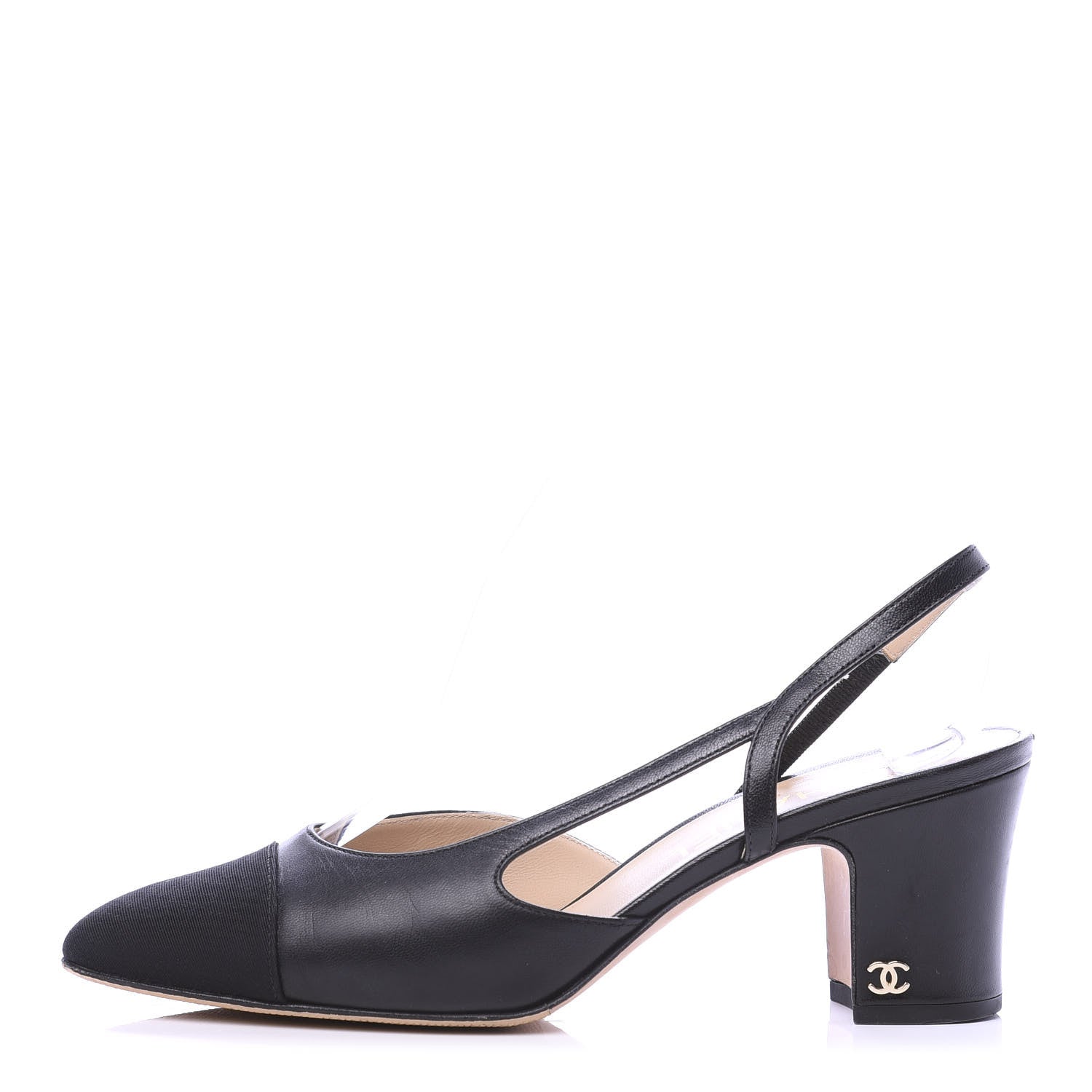 Chanel Goatskin Grosgrain Cap Toe CC Slingback Pumps 37.5 Black 1 of 9