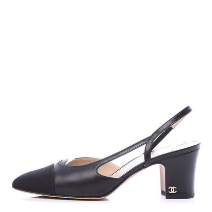 Chanel Goatskin Grosgrain Cap Toe CC Slingback Pumps 37.5 Black 1 of 9