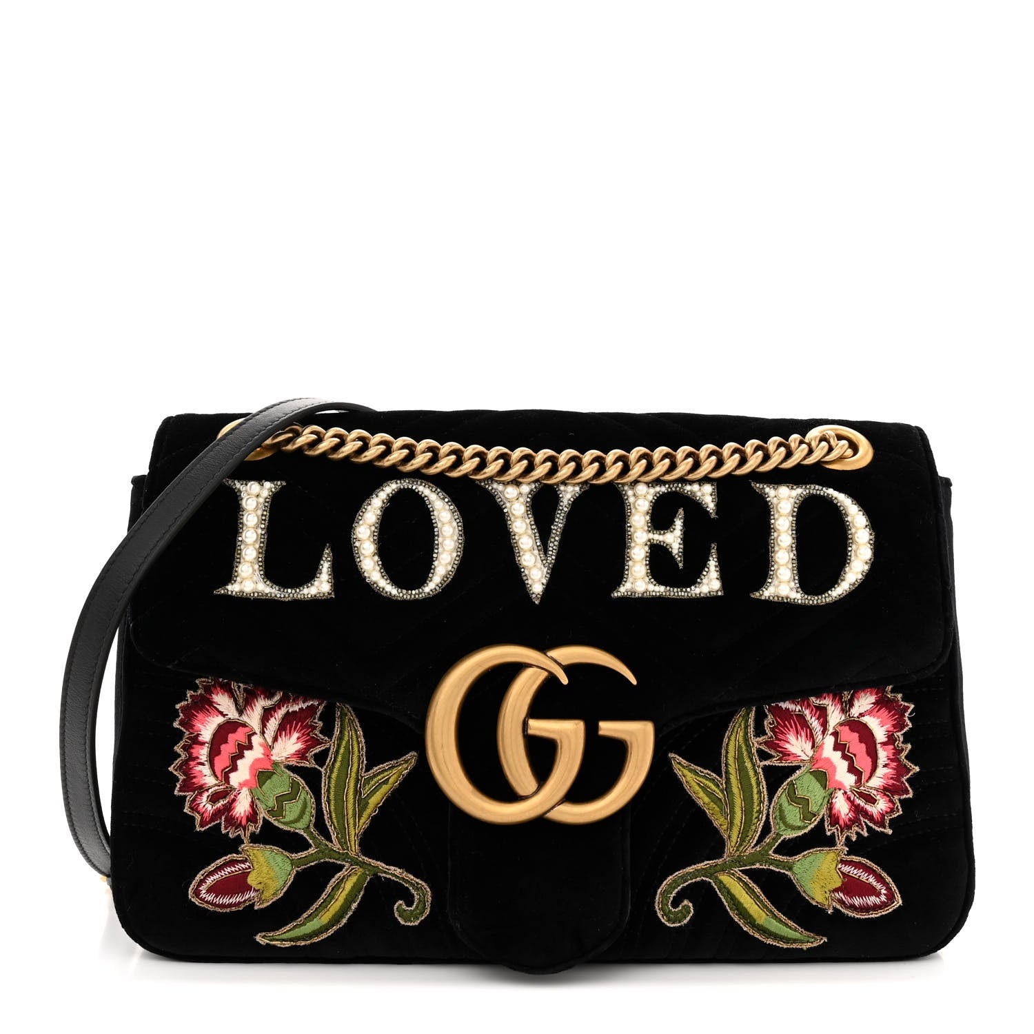 Gucci Velvet Matelasse Loved Embroidered Medium GG Marmont Shoulder Bag Black 1 of 11