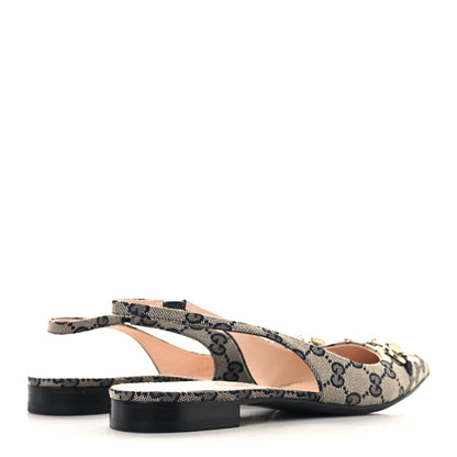 Gucci Monogram Horsebit Womens Slingback Ballet Flat 37.5 Beige Blue 5 of 10