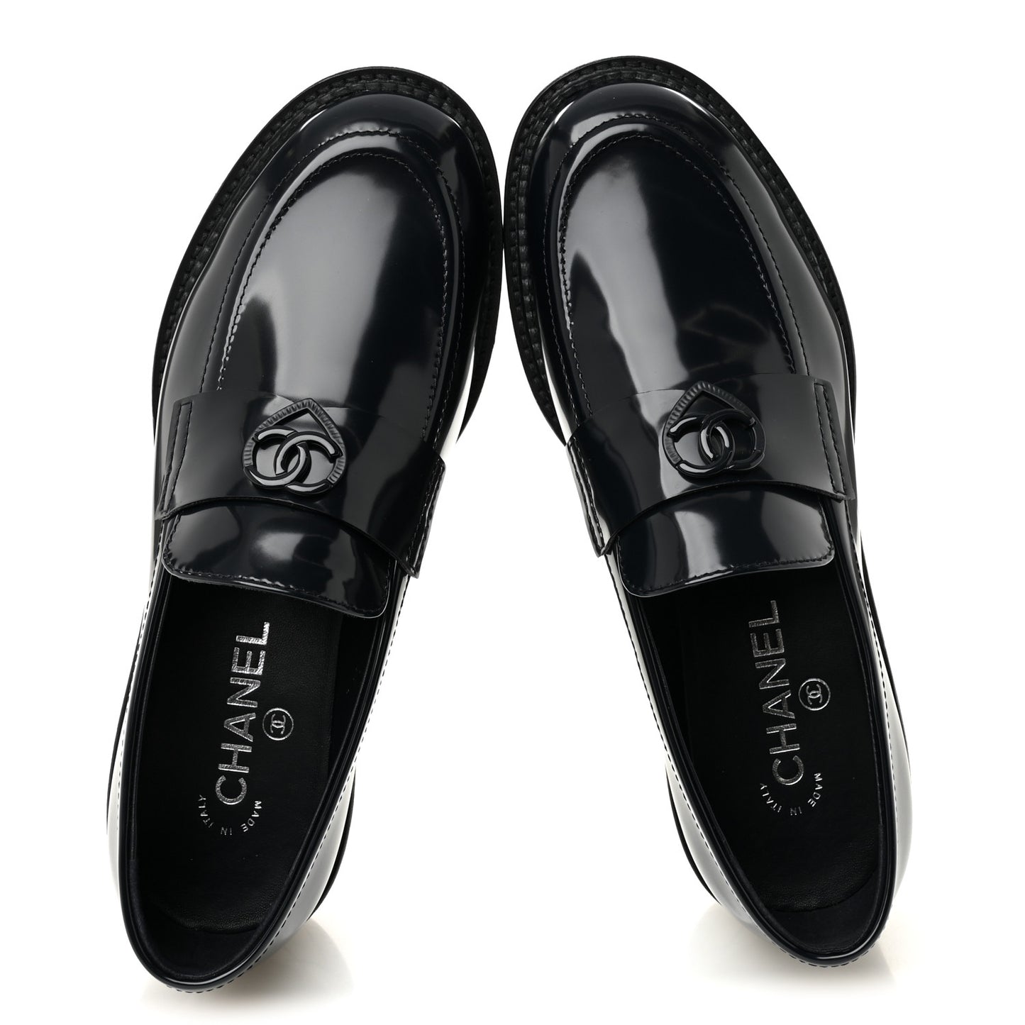 Shiny Calfskin Quilted CC Mocassin Loafers 39 Navy Blue