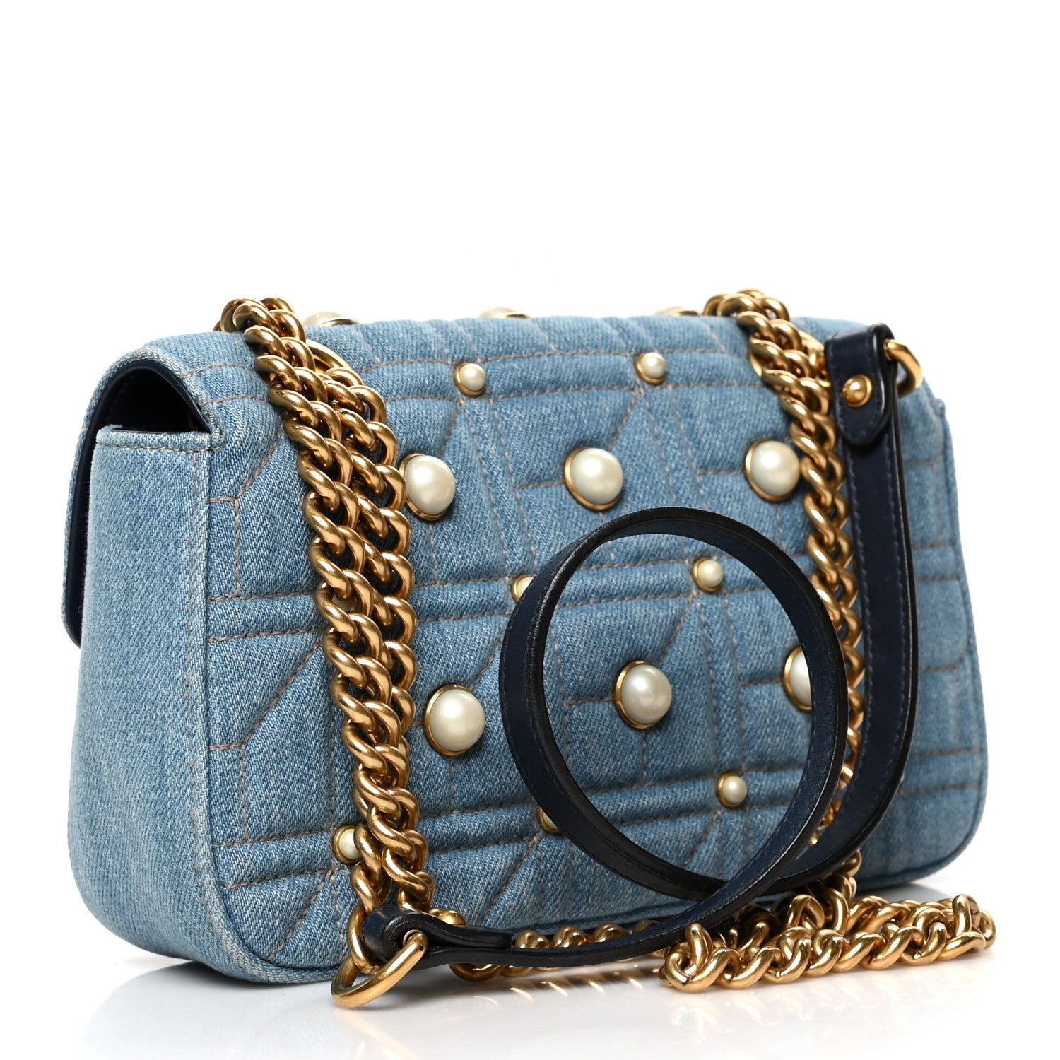 Gucci Denim Matelasse Pearl Studded Mini GG Marmont Shoulder Bag Blue 3 of 11