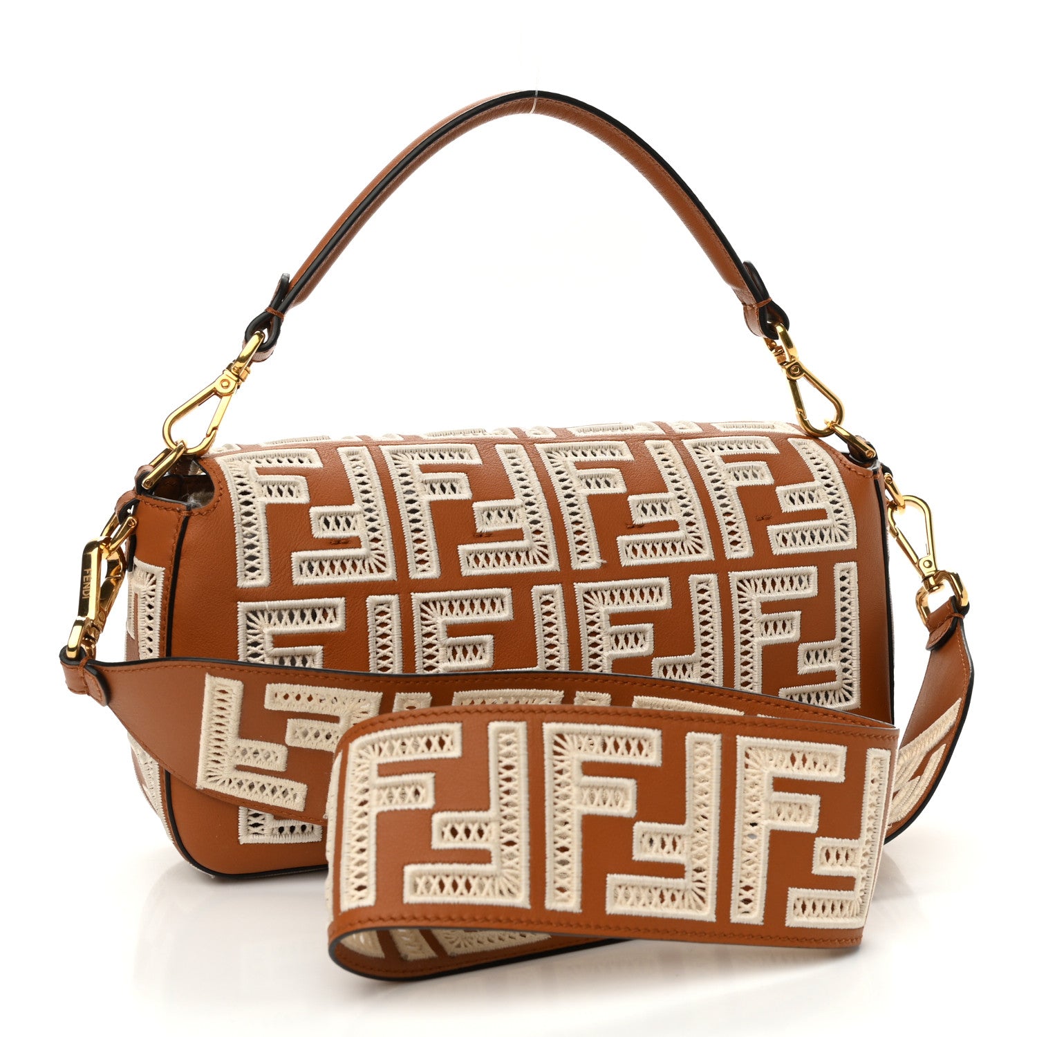 Fendi Vitello Seta FF Ajour Embroidered Baguette Brandy 3 of 14
