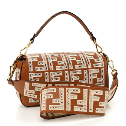 Fendi Vitello Seta FF Ajour Embroidered Baguette Brandy 3 of 14
