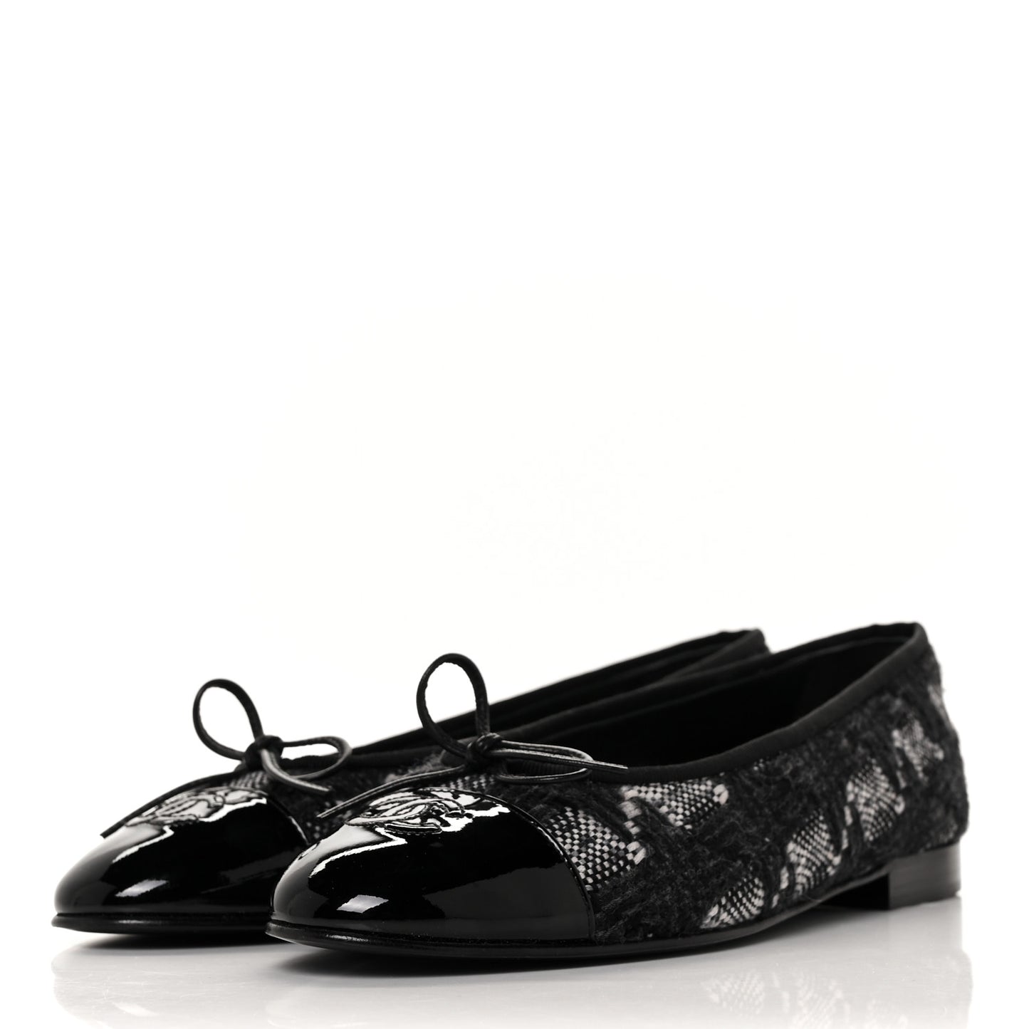 Tweed Patent Cap Toe Ballerina Flats 39.5 Black White