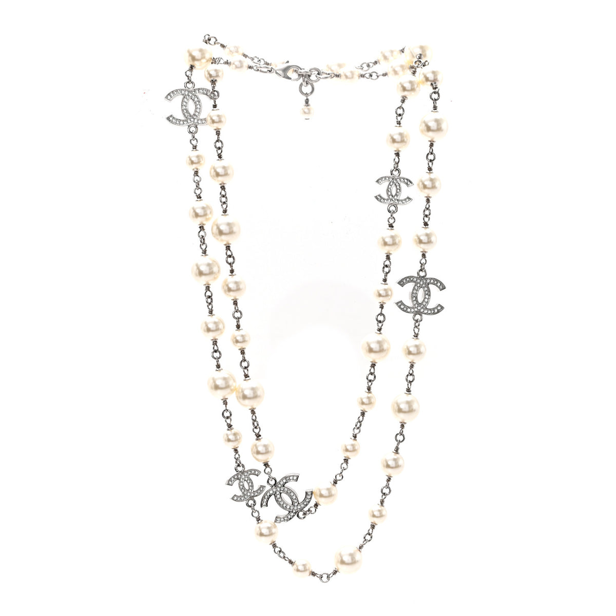 Chanel Crystal Pearl CC Long Necklace Silver 3 of 5