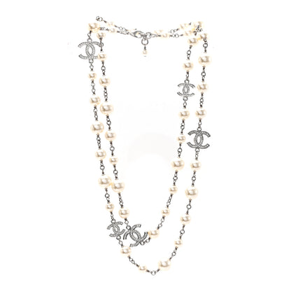 Chanel Crystal Pearl CC Long Necklace Silver 3 of 5