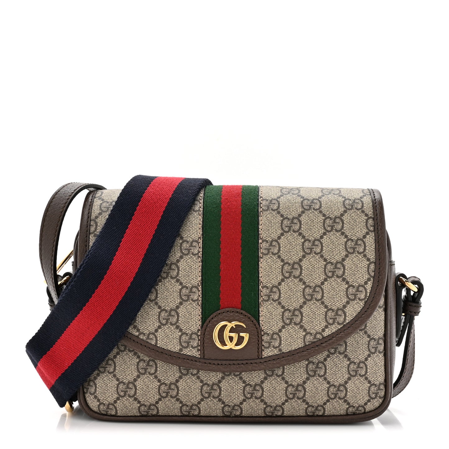 GG Supreme Monogram Textured Dollar Calfskin Web Studded Mini Ophidia Flap Shoulder Bag Beige Ebony New Acero