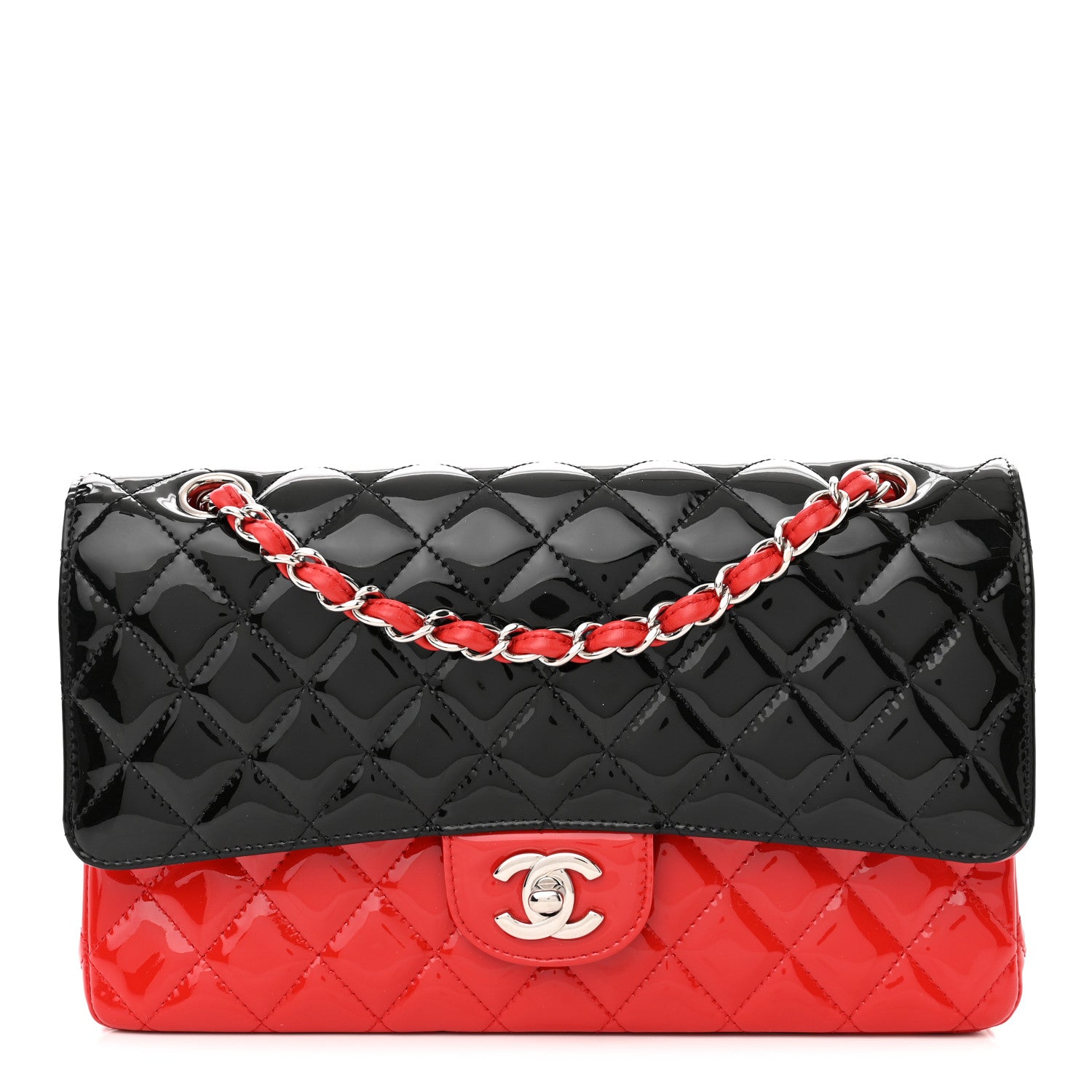Chanel Patent Calfskin Quilted Bi-Color Medium Double Flap Red Black 1 of 13