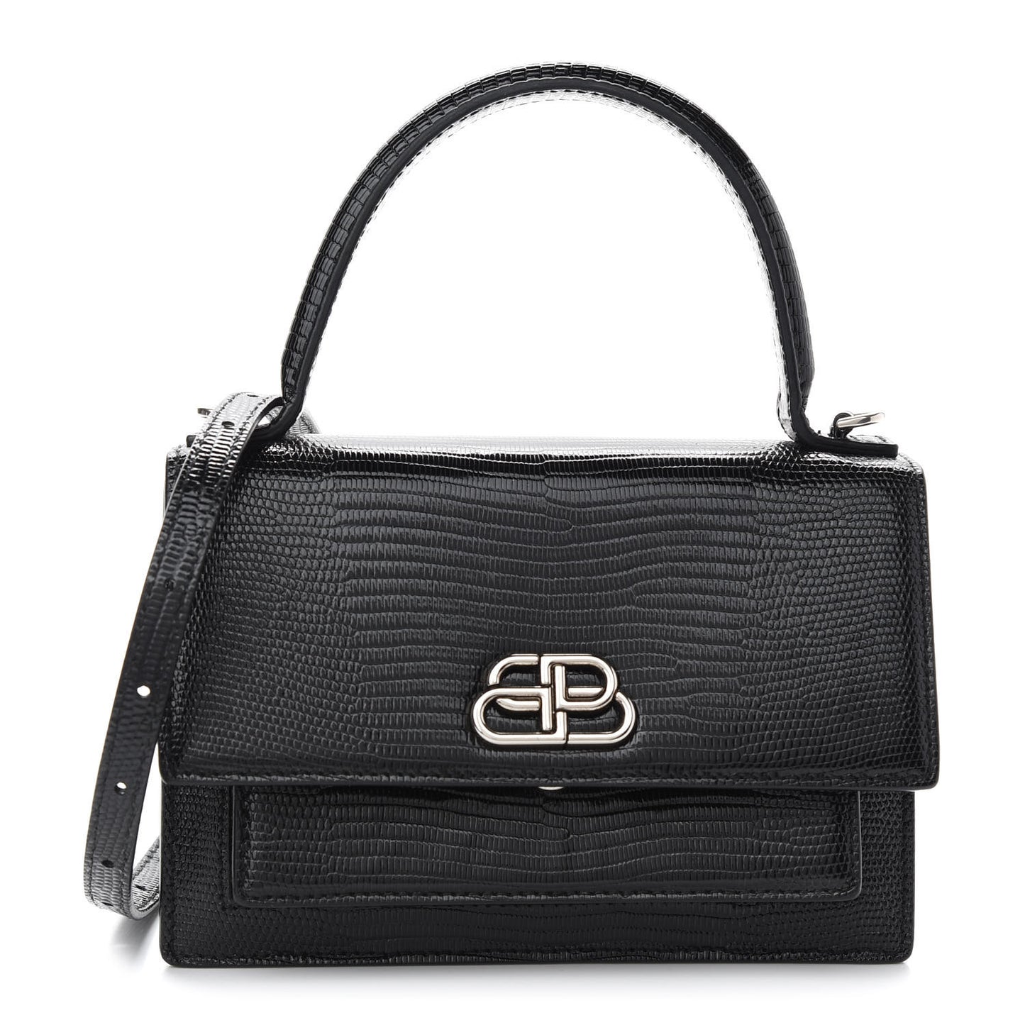 Patent Calfskin Lizard Embossed XS Sharp Top Handle Bag Black