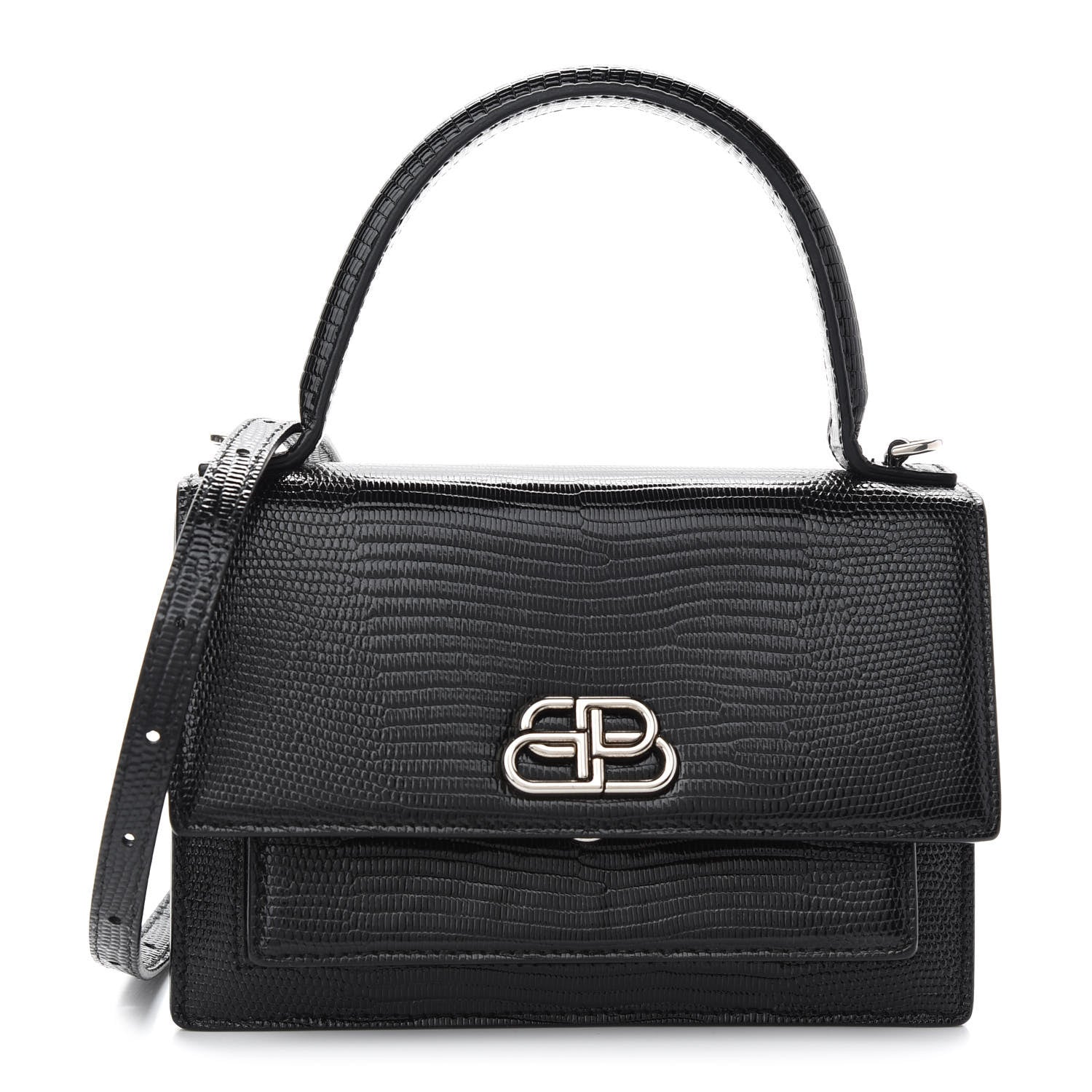 Balenciaga Patent Calfskin Lizard Embossed XS Sharp Top Handle Bag Black 1 of 10