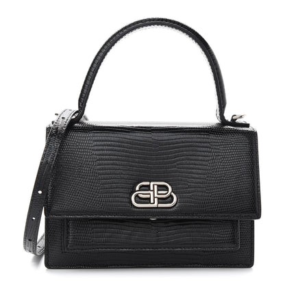 Balenciaga Patent Calfskin Lizard Embossed XS Sharp Top Handle Bag Black 1 of 10