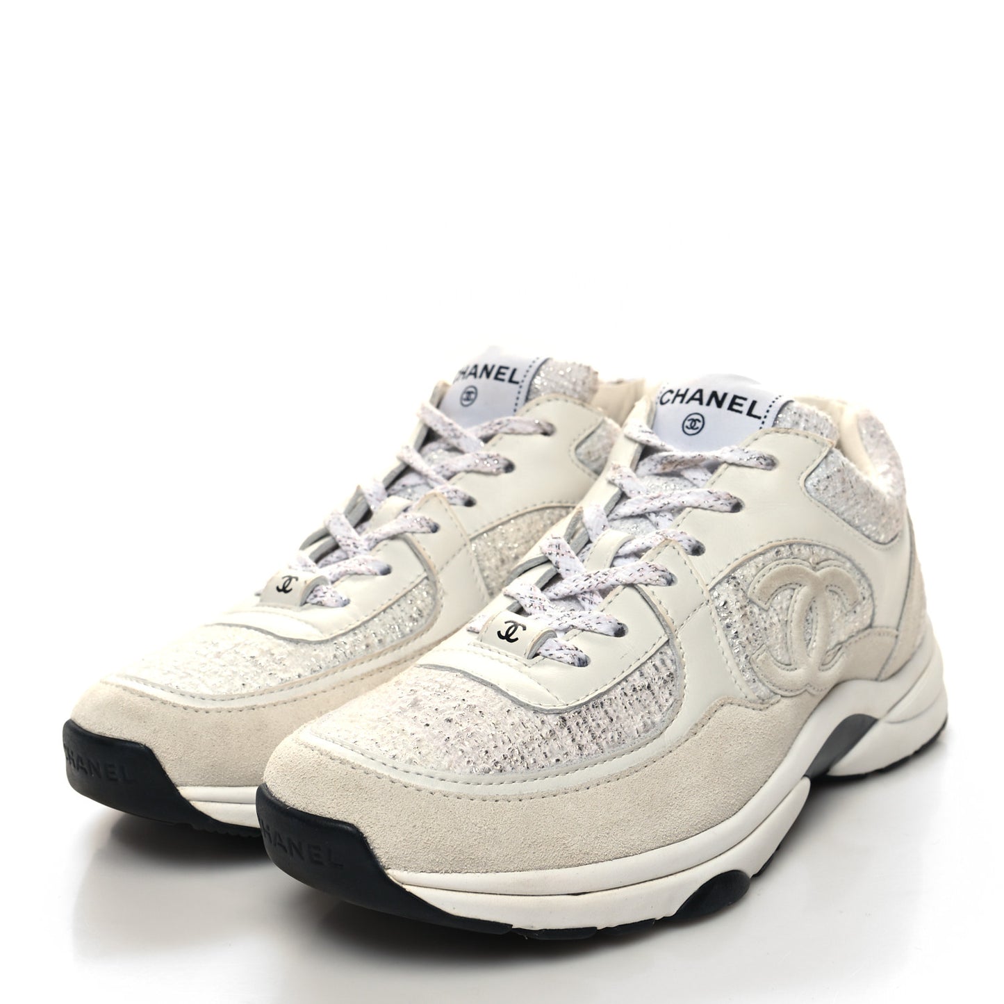 Painted Iridescent Cotton Tweed Suede Calfskin Womens CC Sneakers 37.5 White Silver Multicolor