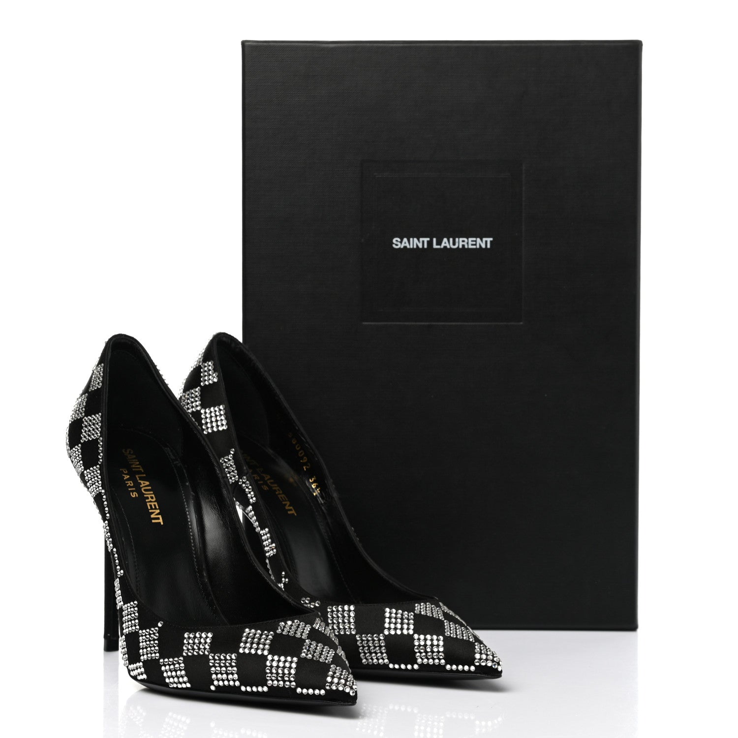 Saint Laurent Satin Crystal Embellished Checkered Zoe 105 Pumps 36.5 Black 13 of 13