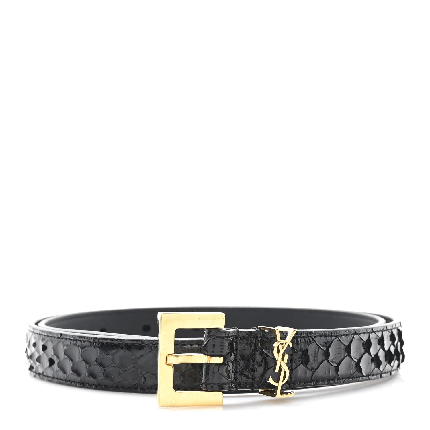 Saint Laurent Snakeskin Monogram Square Buckle Belt 80 32 Black 1 of 6