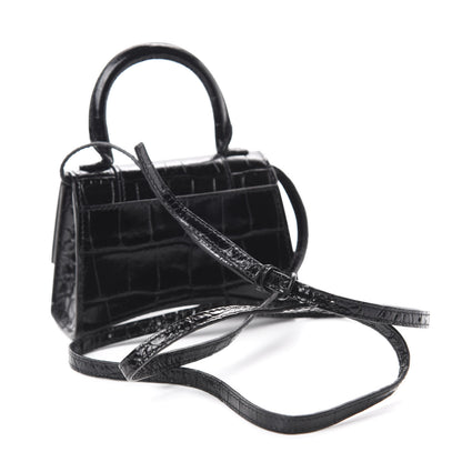 Balenciaga Shiny Calfskin Monochrome Crocodile Embossed Hourglass Top Handle Bag Mini Black 3 of 10