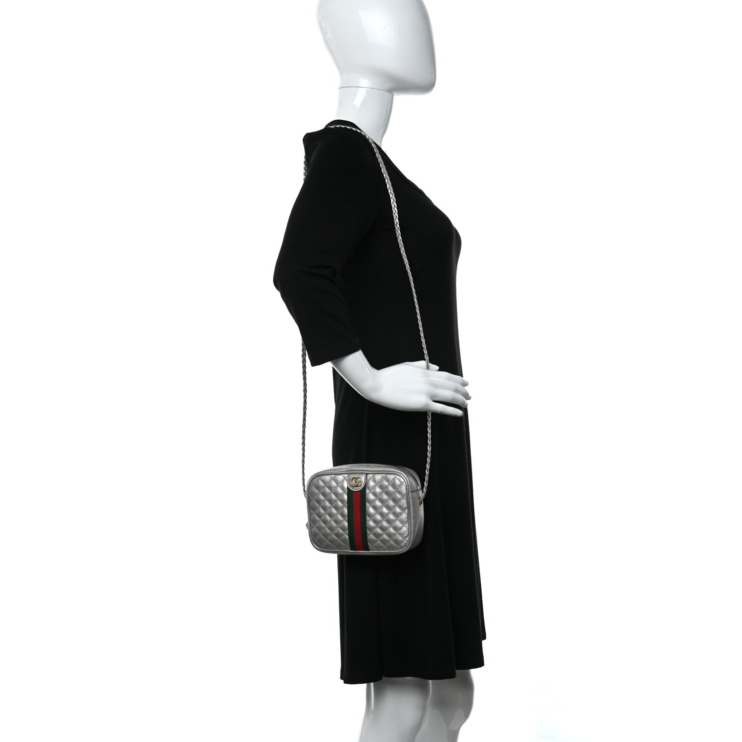 Gucci Laminated Nappa Web Trapuntata Mini GG Shoulder Bag Argento 2 of 9