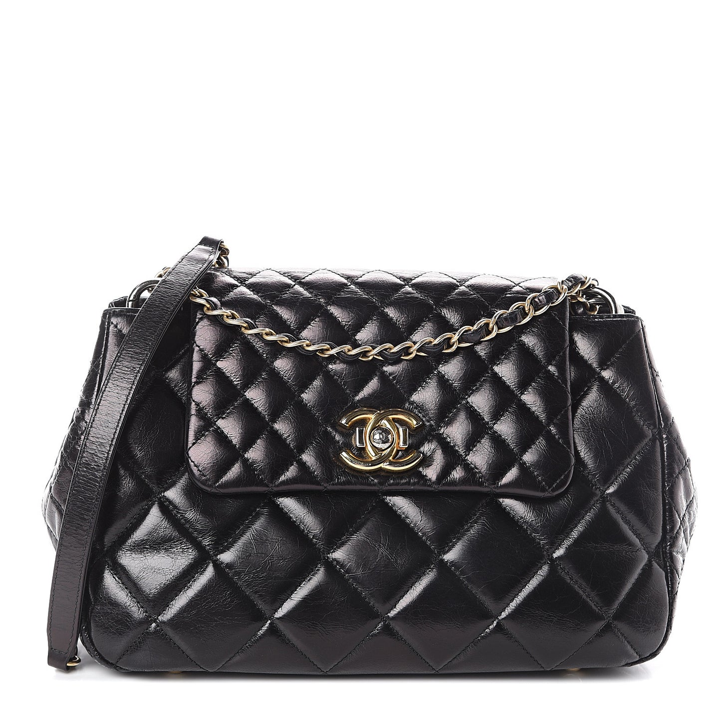 Aged Glazed Calfskin Quilted Small Daily Walk Flap Black
