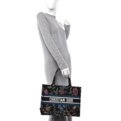 Christian Dior Raffia Embroidered Petites Fleurs Medium Book Tote Navy Blue Multicolor 2 of 10