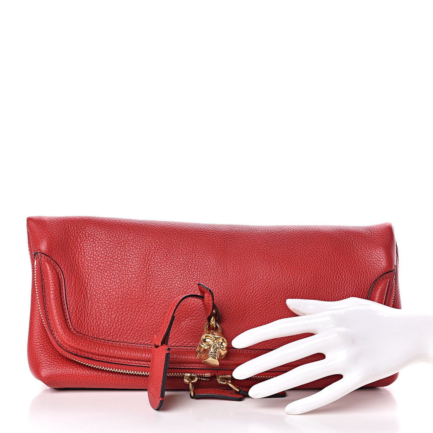 Grainy Calfskin Padlock Skull Clutch Red