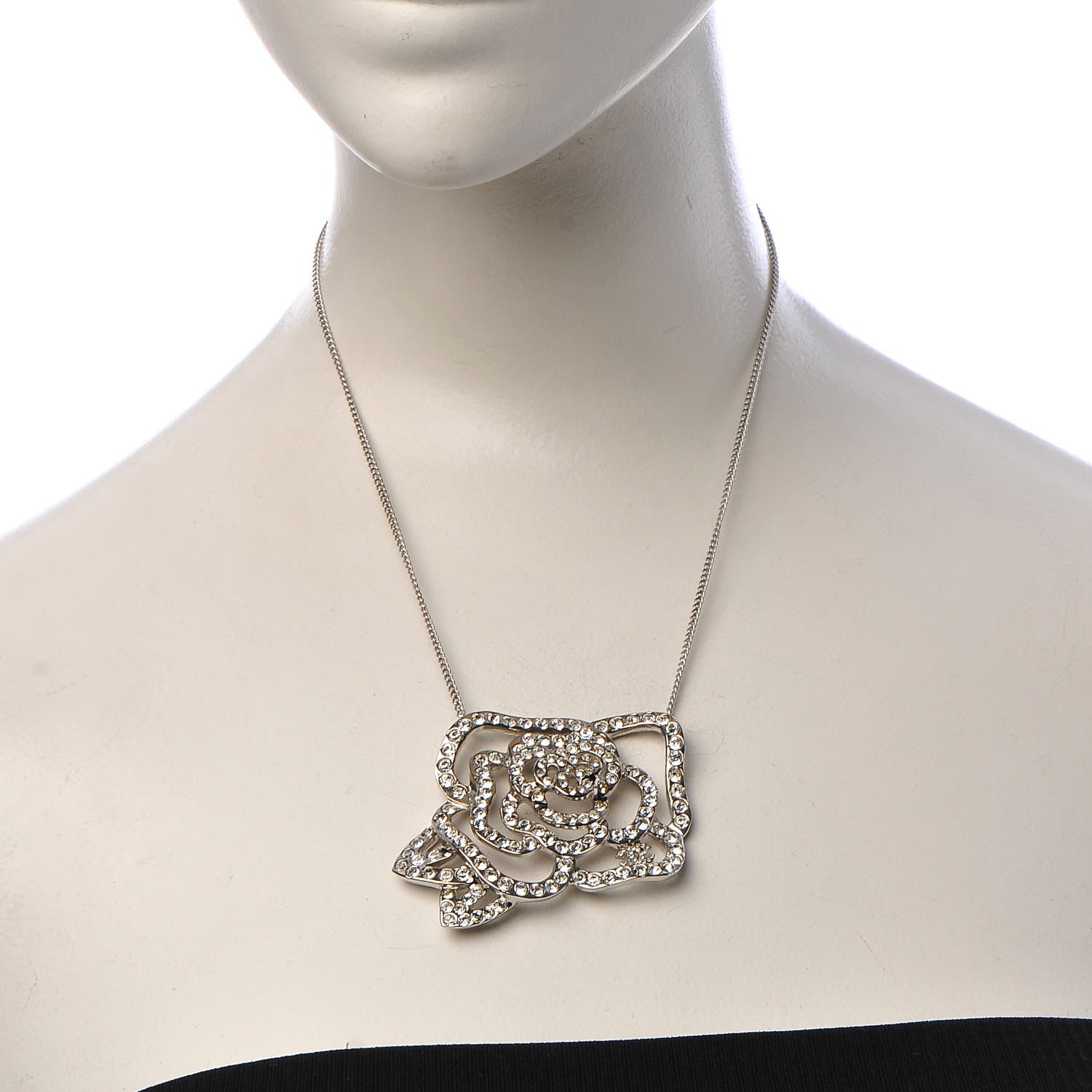 Chanel Swarovski Crystal Camellia CC Necklace Silver 2 of 7