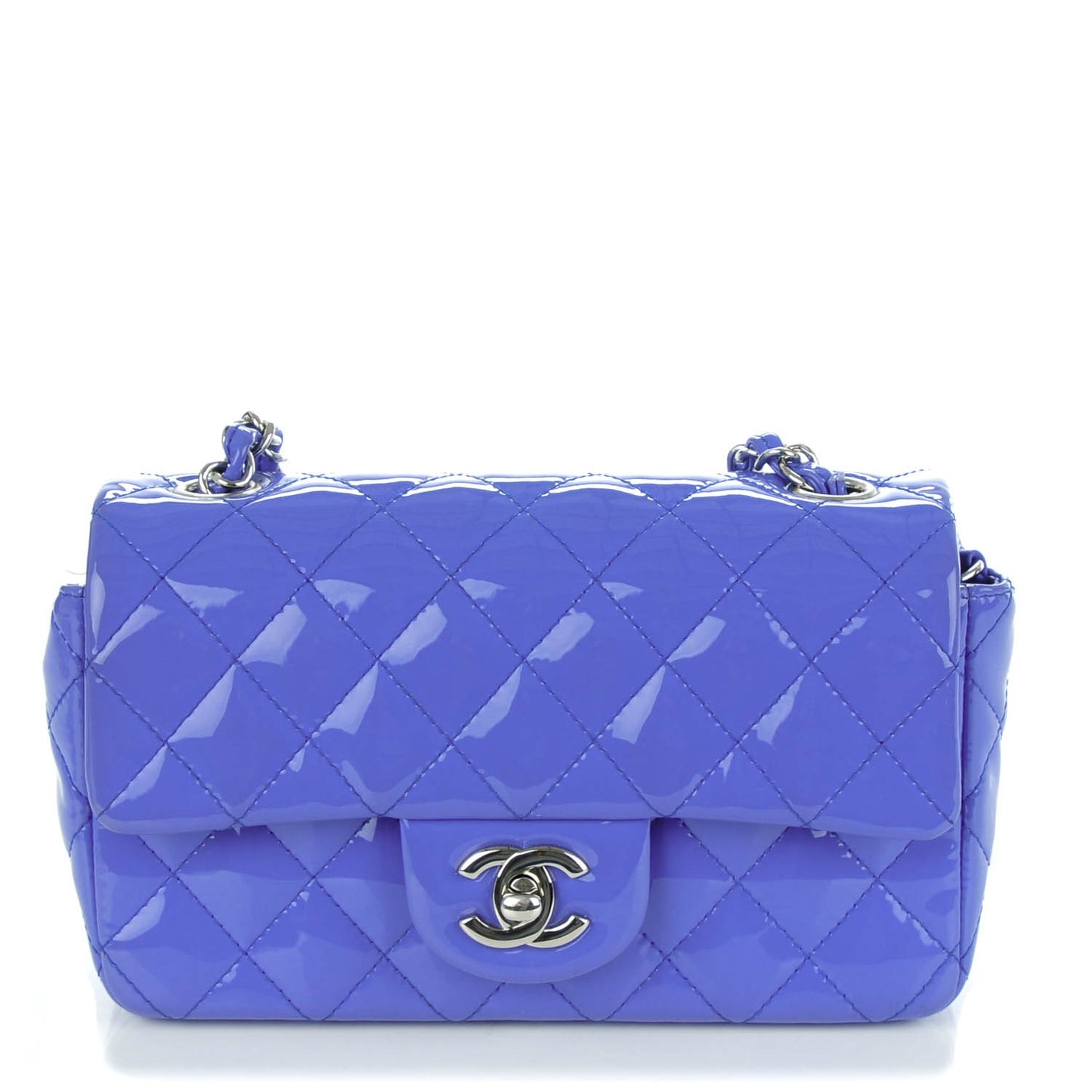 Patent Calfskin Quilted Mini Rectangular Flap Blue